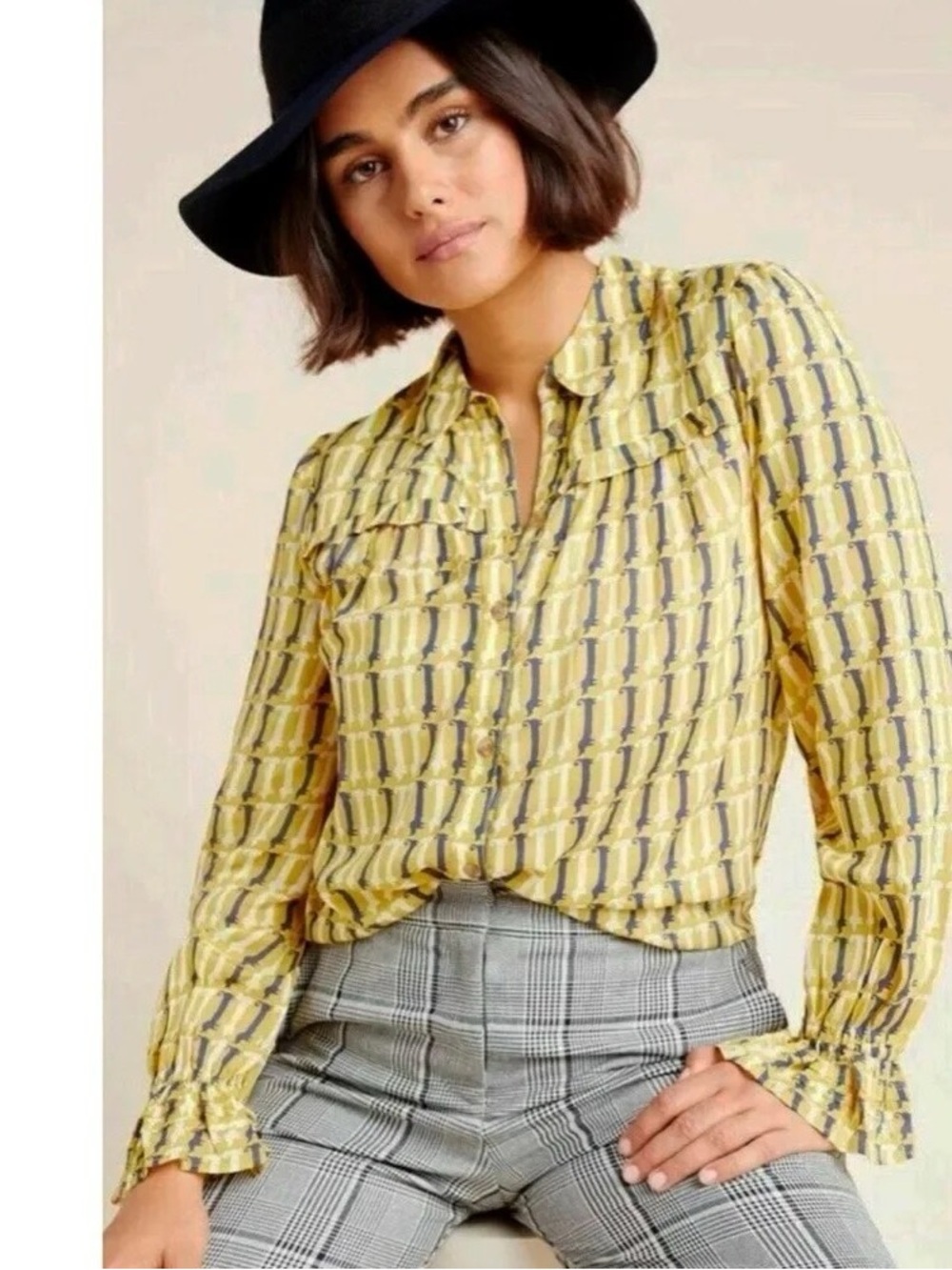 Maeve Yellow Navy Geometric Button-Up Blouse
